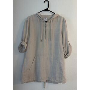 ZARA Women’s Medium Beige Linen Blend Hoodie Tunic Relaxed Fit Half Zip Pullover